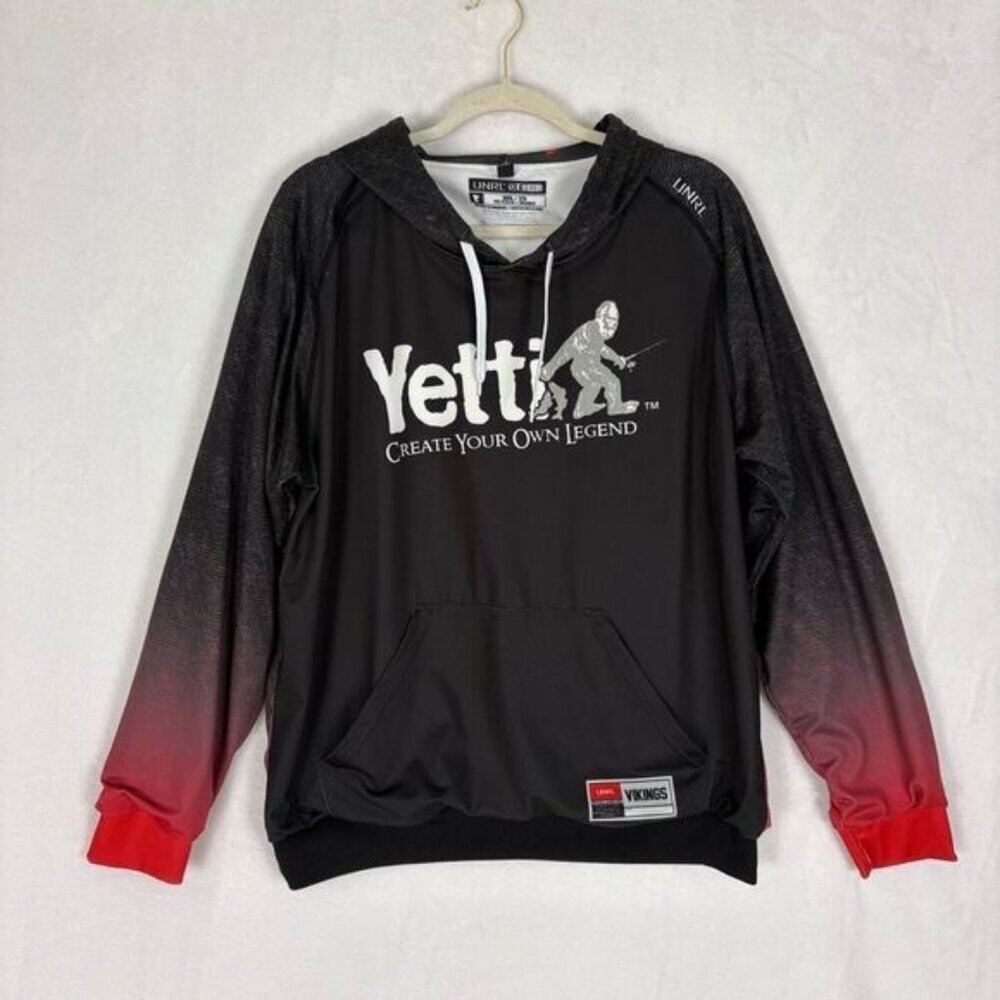 UNRL Yetti Outdoors Ice Fishing House Black Red Sleeve Hooded Sweatshirt Men's L